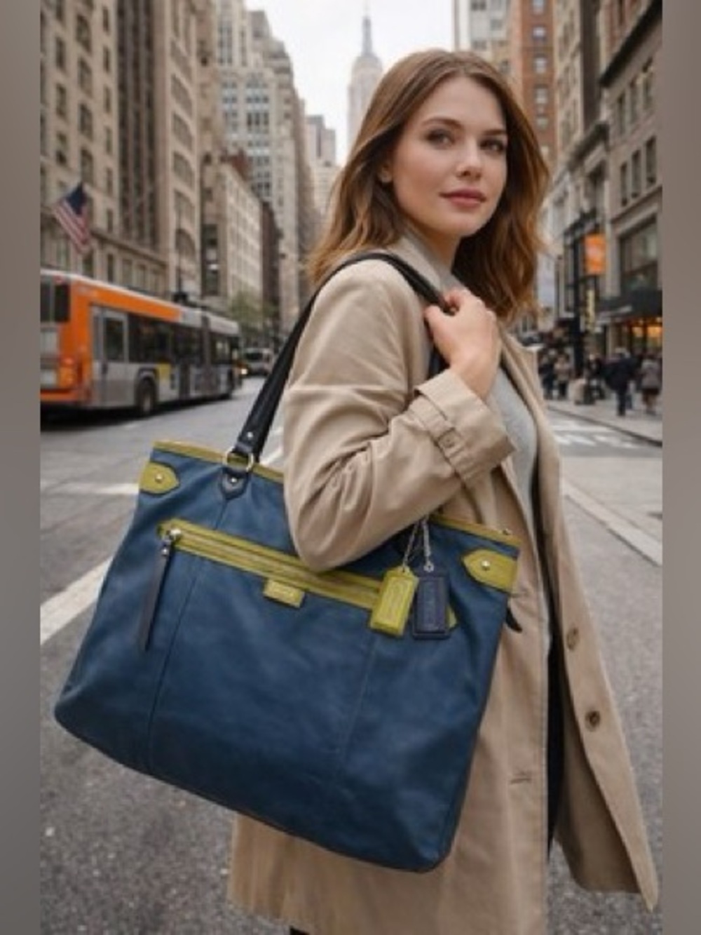 RARE Coach Daisy Spectator Emma Leather Tote Bag - Moonlight Blue & Lime